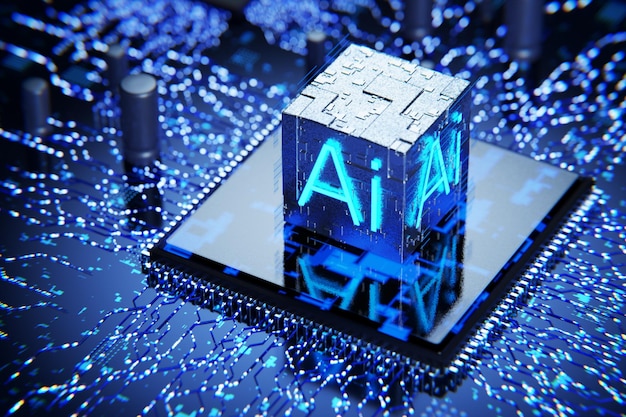 Artificial intelligence concept Artificial intelligence training Training a neural network Neurochip Neuro interface Artificial intelligence microprocessor 3D render