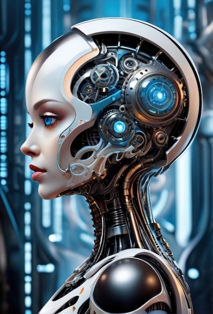 Фото Концепция искусственного интеллекта футуристическая вымышленная молодая женщина андроид