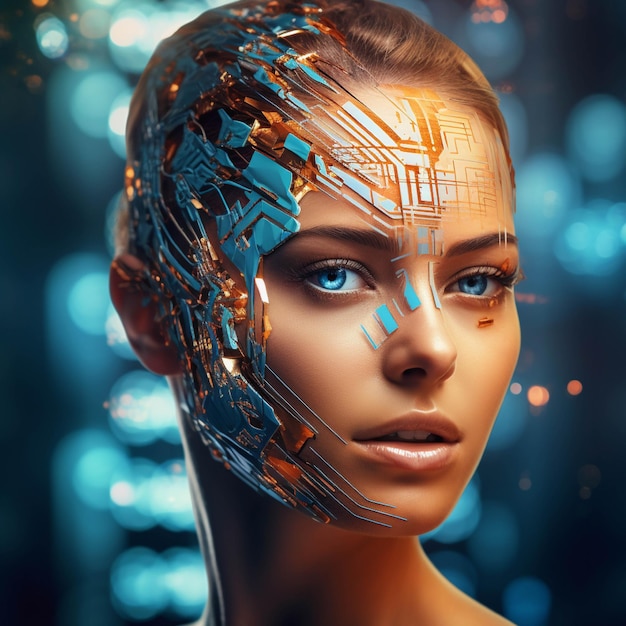 Artificial intelligence concept Portrait of a futuristic woman 3D Rendering