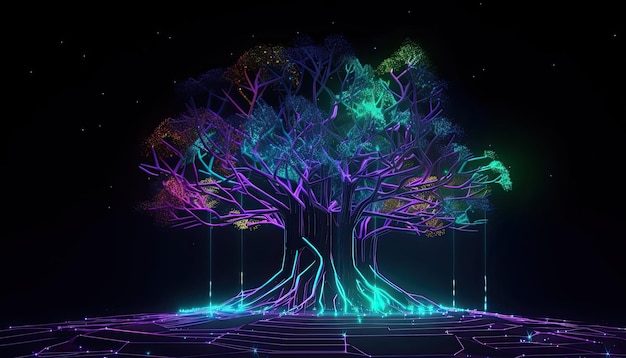 人工知能の概念ニューロンニューラルネットワークの形で枝を持つ木未来的な輝く木の暗い背景ジェネレーティブAI