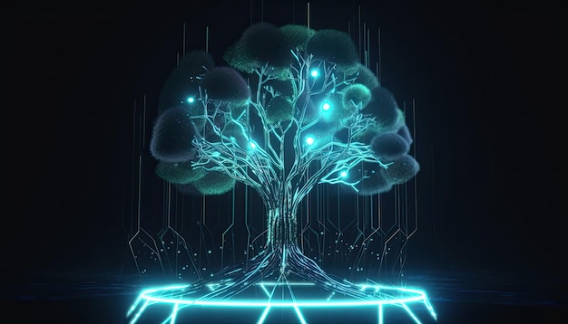 Foto concetto di intelligenza artificiale un albero con rami sotto forma di neuroni rete neurale futuristico albero luminoso sfondo scuro ia generativa