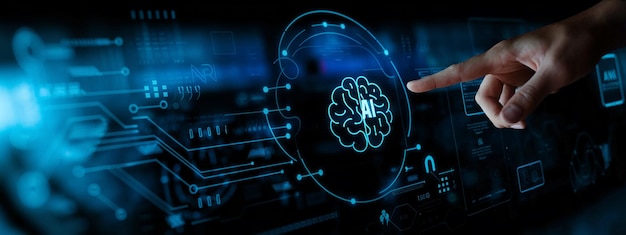 Artificial Intelligence Content Generator Een man gebruikt een laptop om te interageren met AI-assistent AI off