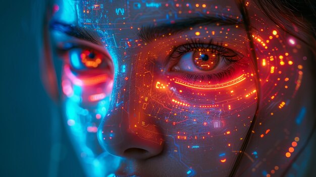 Artificial intelligence Cyborg head with an artificial neural networks core Neon cyberpunk word Female robot face with computer AI Electronic Technology banner in 80s cyberpunk style