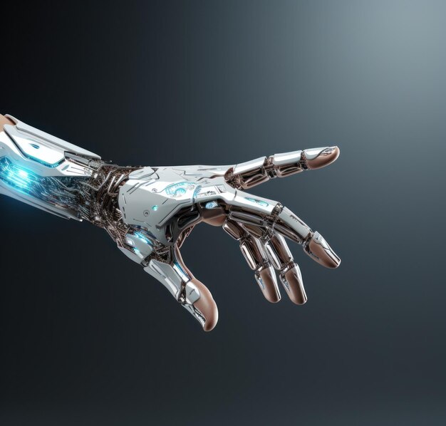 an artificial intelligence device holds its arm for the human hand