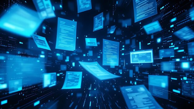 문서 분석에서 인공지능의 역할: 문서 분석에 대한 인공 지능의 역할, 구조화되지 않은 문서에서 데이터를 추출하는 머신러닝 알고리즘을 묘사하는 이미지