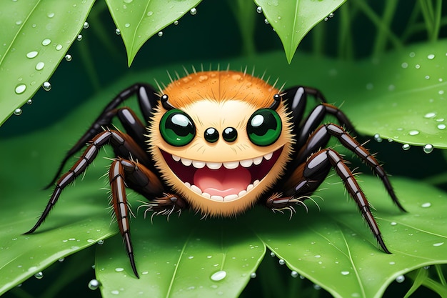 artificial intelligence generated image of cartoon Jumping spider smiling like human mouth feature