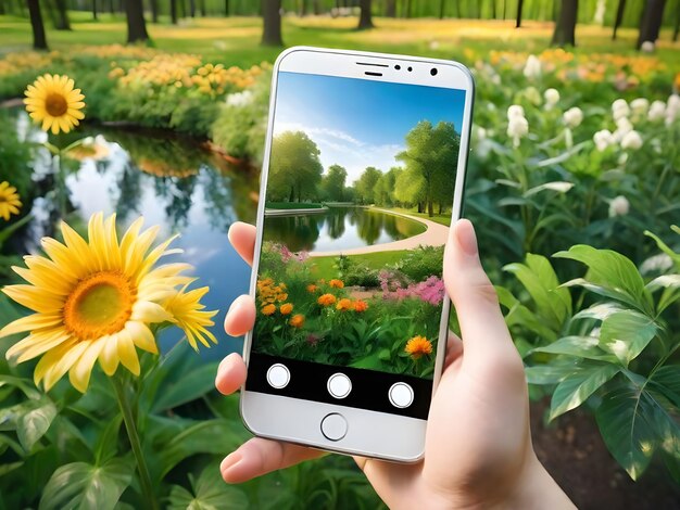 artificial intelligence generated image of photography summer park on the phone in the hand