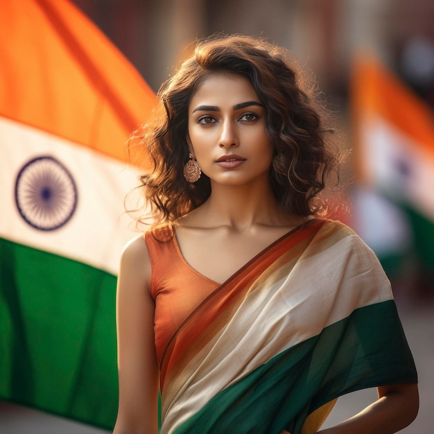 Artificial intelligence Genrated Indian Woman in traditional sari with national flag