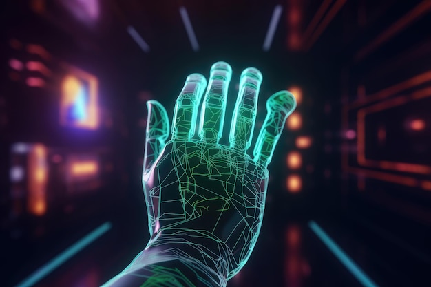 어두운 배경 디지털 홀로그램 미래 개념 생성 AI에 인공 지능 손