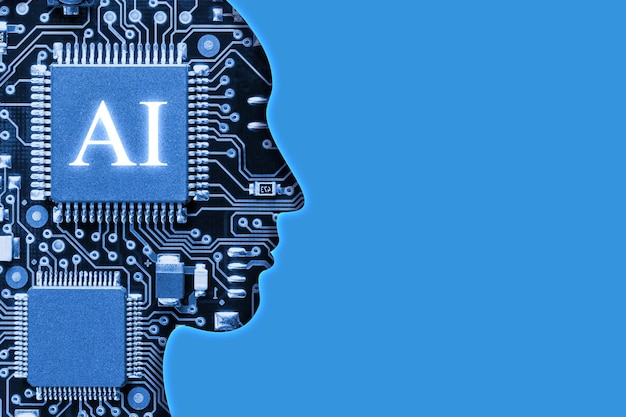 Artificial Intelligence head outline revealing electronic circuit board with microchip copy space