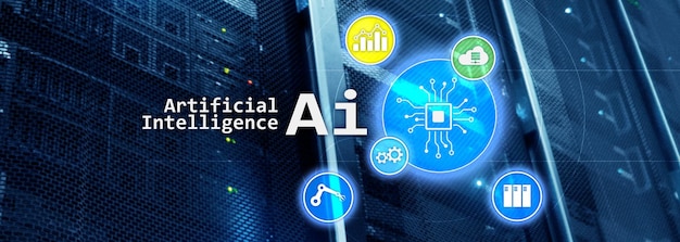 Концепция высокотехнологичных бизнес-технологий искусственного интеллекта Футуристический фон серверной комнаты AI