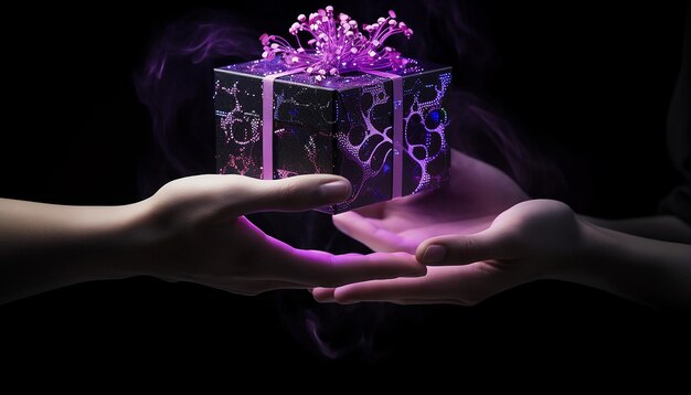 Photo an artificial intelligence holds a purple gift with a black background