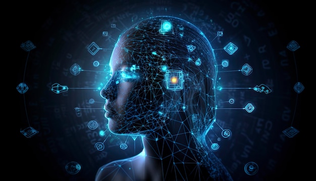 Artificial intelligence a humanoid cyber human with a neural network thinks AI concept of big data or cyber security Chat GPT concept AI with a digital brain processes big data Generative AI