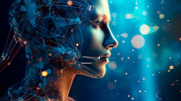 Artificial intelligence a humanoid cyber human with a neural network thinks AI concept of big