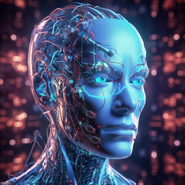 Artificial intelligence in humanoid head with neural network thinks futuristic modern 3d illustratio