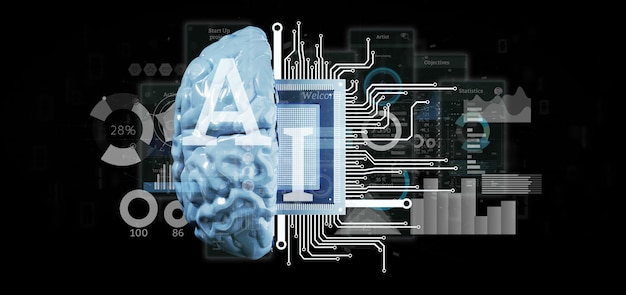 Icona di intelligenza artificiale con la metà del cervello e la rappresentazione del mezzo circuito 3d