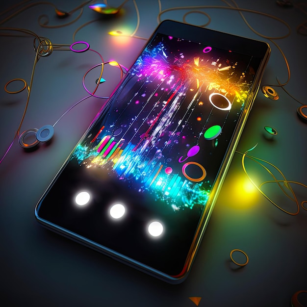 Artificial intelligence illustration of a smartphone with icons of music