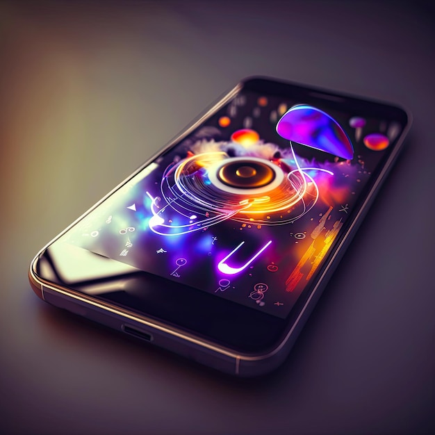 Artificial intelligence illustration of a smartphone with icons of music