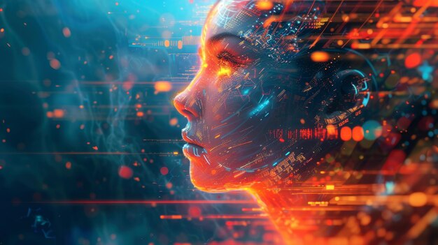 Artificial intelligence like young woman face of futuristic humanoid AI robot on abstract tech background Concept of technology cyborg fire art science future