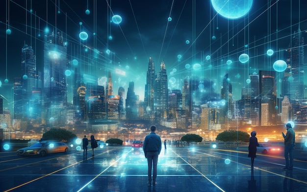 Artificial intelligence looking at smart city AI control city infrastructure data traffic ensure