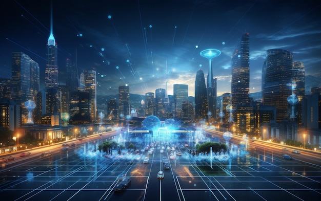Artificial intelligence looking at smart city AI control city infrastructure data traffic ensure