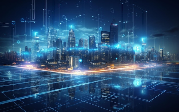 Artificial intelligence looking at smart city AI control city infrastructure data traffic ensure