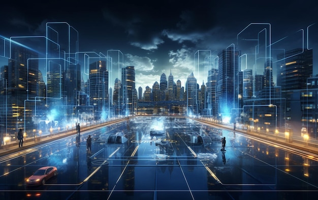 Artificial intelligence looking at smart city AI control city infrastructure data traffic ensure