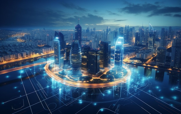 Artificial intelligence looking at smart city AI control city infrastructure data traffic ensure