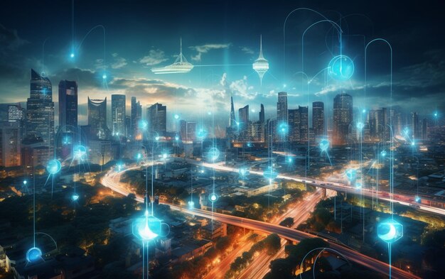 Искусственный интеллект смотрит на умный город. AI контролирует трафик данных городской инфраструктуры и обеспечивает
