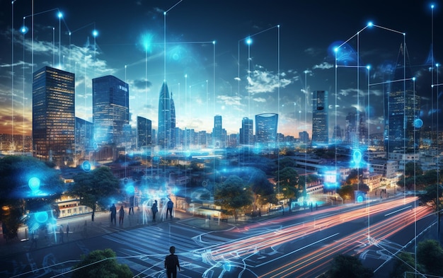 Artificial intelligence looking at smart city AI control city infrastructure data traffic ensure