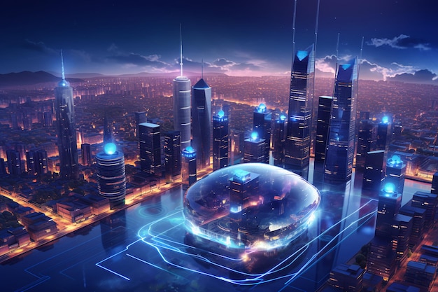 Artificial intelligence looking at smart city AI control city infrastructure generative ai