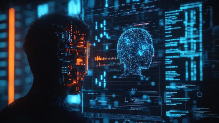 Photo an artificial intelligence and machine learning concept featuring a digital interface displaying complex algorithms and data visualizations the interface is being used by researchers and engineers