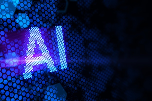 Artificial intelligence and machine learning concept with digital AI sign on dark blank background with place for your logo or text and blue hexagon print 3D rendering mock up