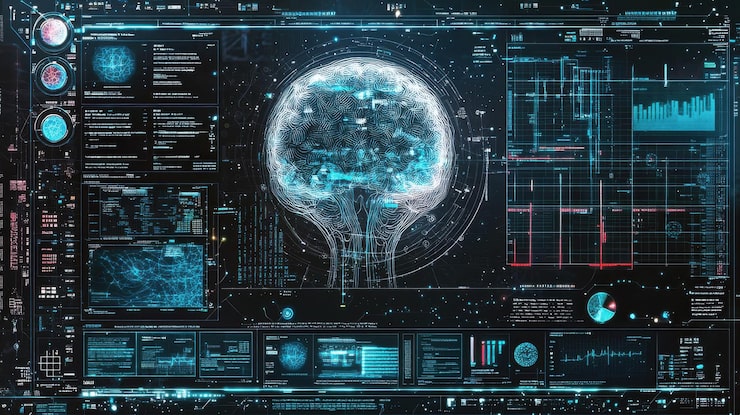 Photo an artificial intelligence and machine learning development concept featuring a digital interface displaying complex algorithms and data visualizations the interface is being used by researchers and