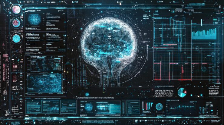 Photo an artificial intelligence and machine learning development concept featuring a digital interface displaying complex algorithms and data visualizations the interface is being used by researchers and