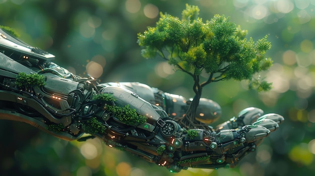 Artificial Intelligence Machine Learning Green tree growing in robotic hand green energy icon around it Net Zero Emission Idea innovative ESG Investing