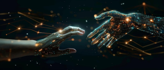 Artificial intelligence machine learning hands of robots touching a big data network connection data exchange deep learning science and artificial intelligence technology innovation for the