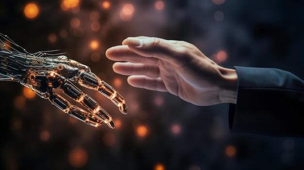 Искусственный интеллект, машинное обучение, роботизированные руки и человеческий прикосновение