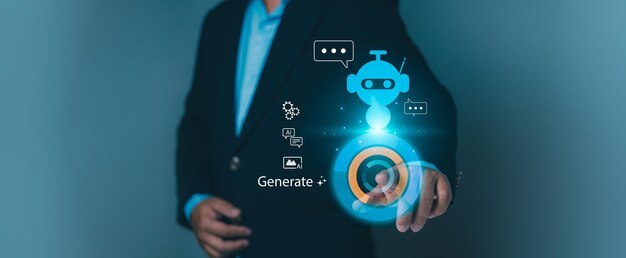 Artificial intelligence machine learning technological innovation Concepts of digital transformation automated solutions future computing Man interacts with glowing AI robot and Generate command