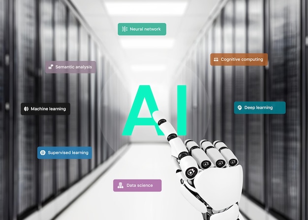 Artificial intelligence robot hand touch in computer server room with AI terms flying around Concept of developing artificial intelligence and machine learning with the hardware resources