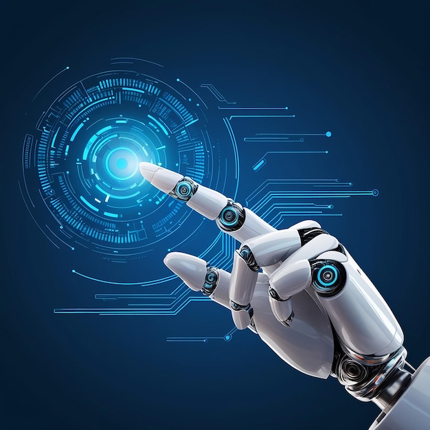 人工知能ロボットの手はデジタル技術で濃い青い背景で人間の指に触れています