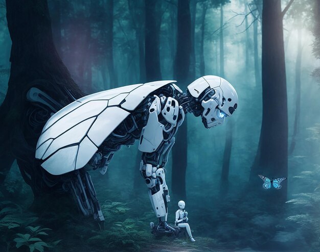 Artificial intelligence robot thinking about world looking at the city Futuristic concept