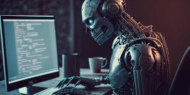 Photo artificial intelligence robot using computer software for gpt binary coding