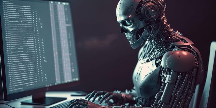 Photo artificial intelligence robot using computer software for gpt binary coding