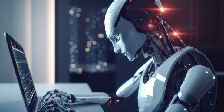 Photo artificial intelligence robot using computer software for gpt binary coding