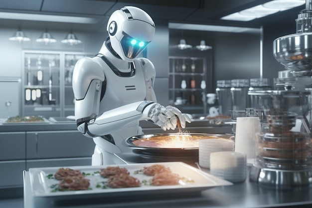 Artificial intelligence robot working at kitchen Humanoid chef cook cyborg Futuristic worker Work at kitchen