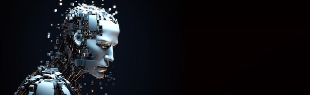 人工知能 染色ロボットの散らばった頭のプロフィール 黒い背景 ヘッダ