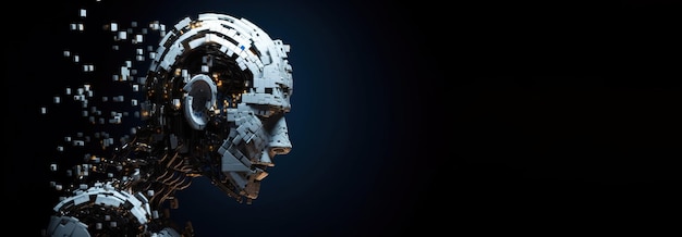 Artificial intelligence Scattering head profile of a chromeplated robot dark blue background Header