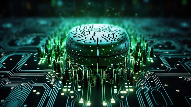 Photo artificial intelligence technology of green neon human brain circuit board