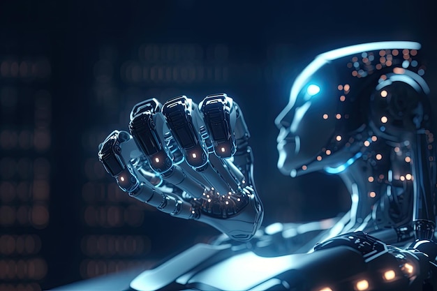 Artificial intelligence technology and a robotic hand pointing are used in the background